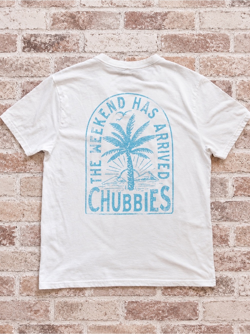 chubbies White Tee with Light Blue Palm Tree